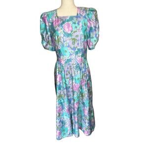 Lanz Vintage Floral Midi Dress Puff Sleeve Pockets Square Neck S/M Cottagecore
